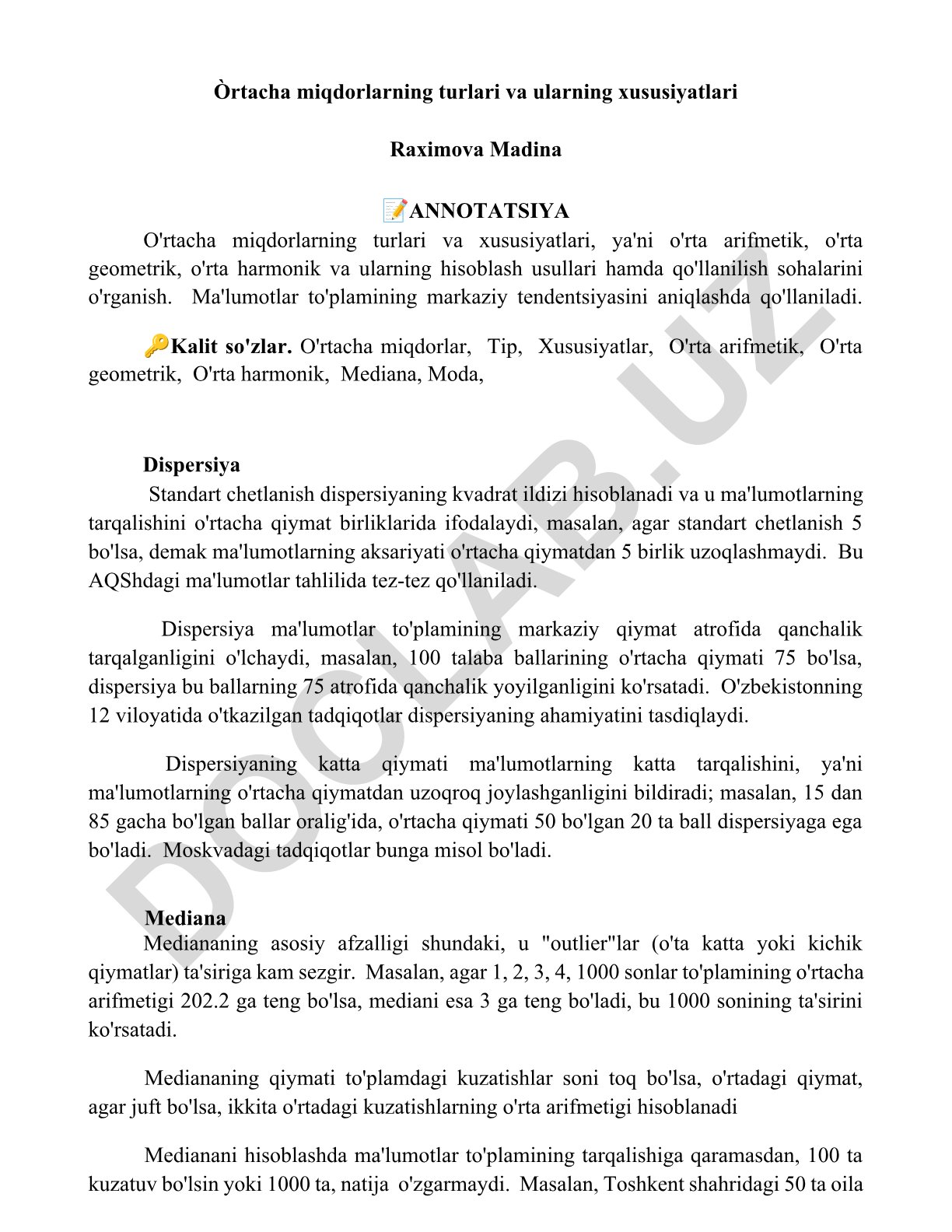 O'rtacha miqdorlarning turlari va ularning xususiyatlari