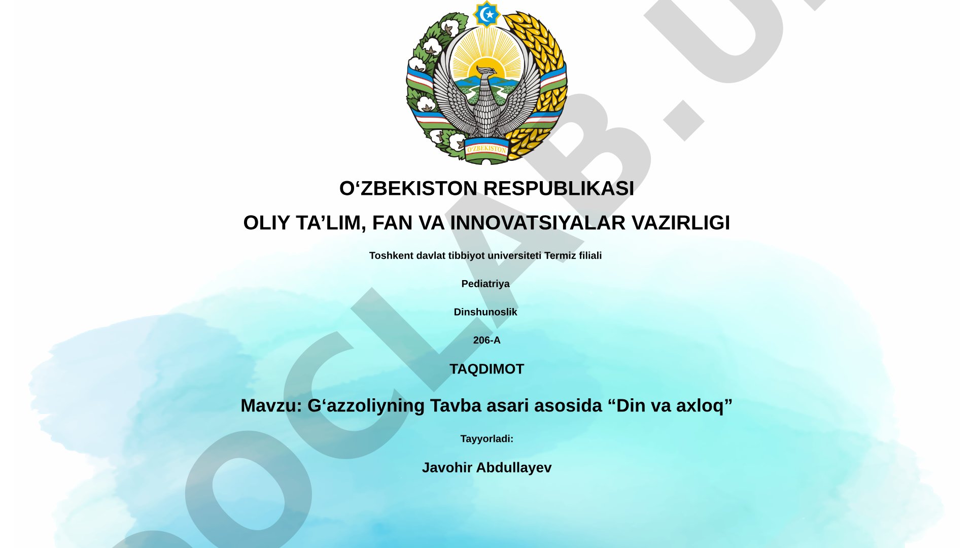 Gʻazzoliyning Tavba asari asosida “Din va axloq”