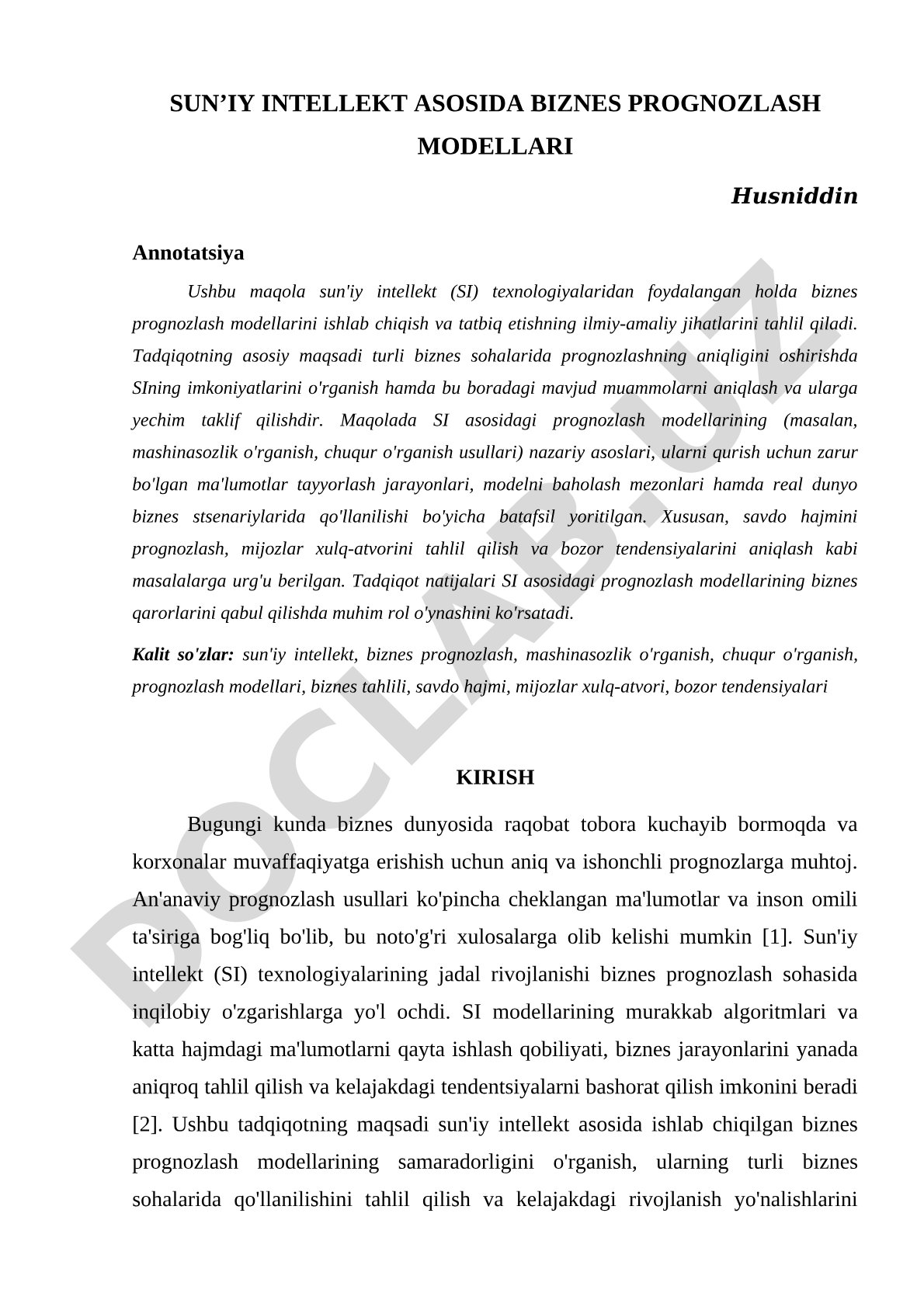 Sunʼiy intellekt asosida biznes prognozlash modellari