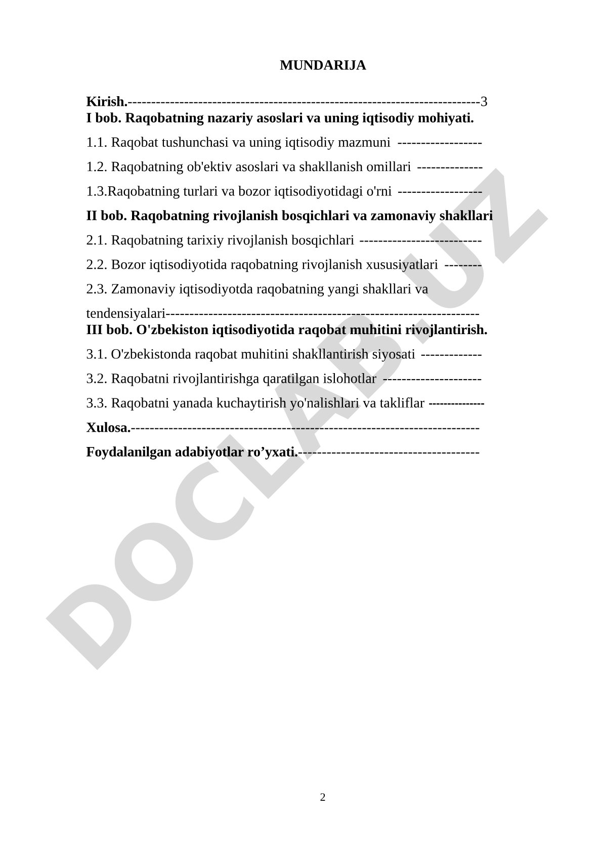 Raqobatning nazariy asoslari va O'zbekiston iqtisodiyotida raqobat muhitini rivojlantirish