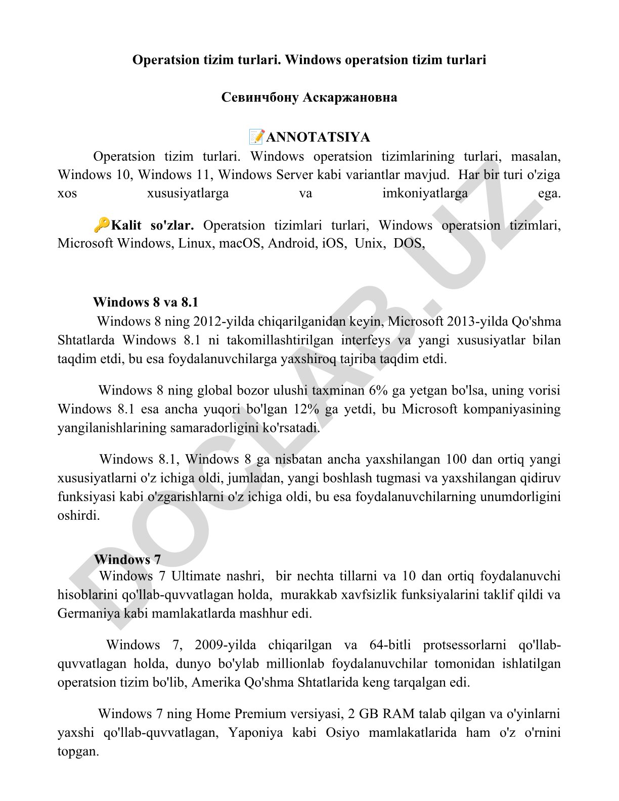 Operatsion tizim turlari va Windows operatsion tizimlari