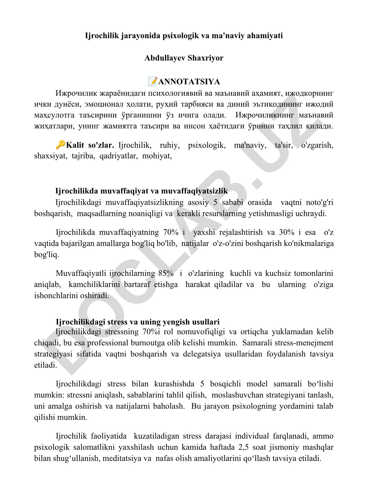 Ijrochilik jarayonida psixologik va ma'naviy ahamiyat