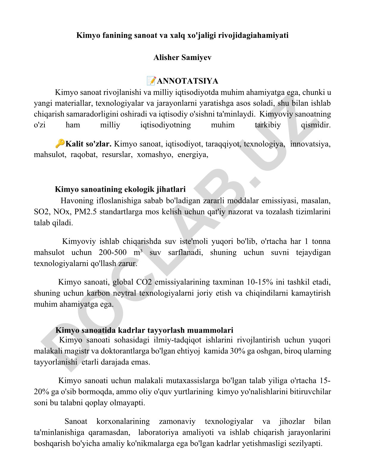 Kimyo fanining sanoat va xalq xo'jaligi rivojidagi ahamiyati