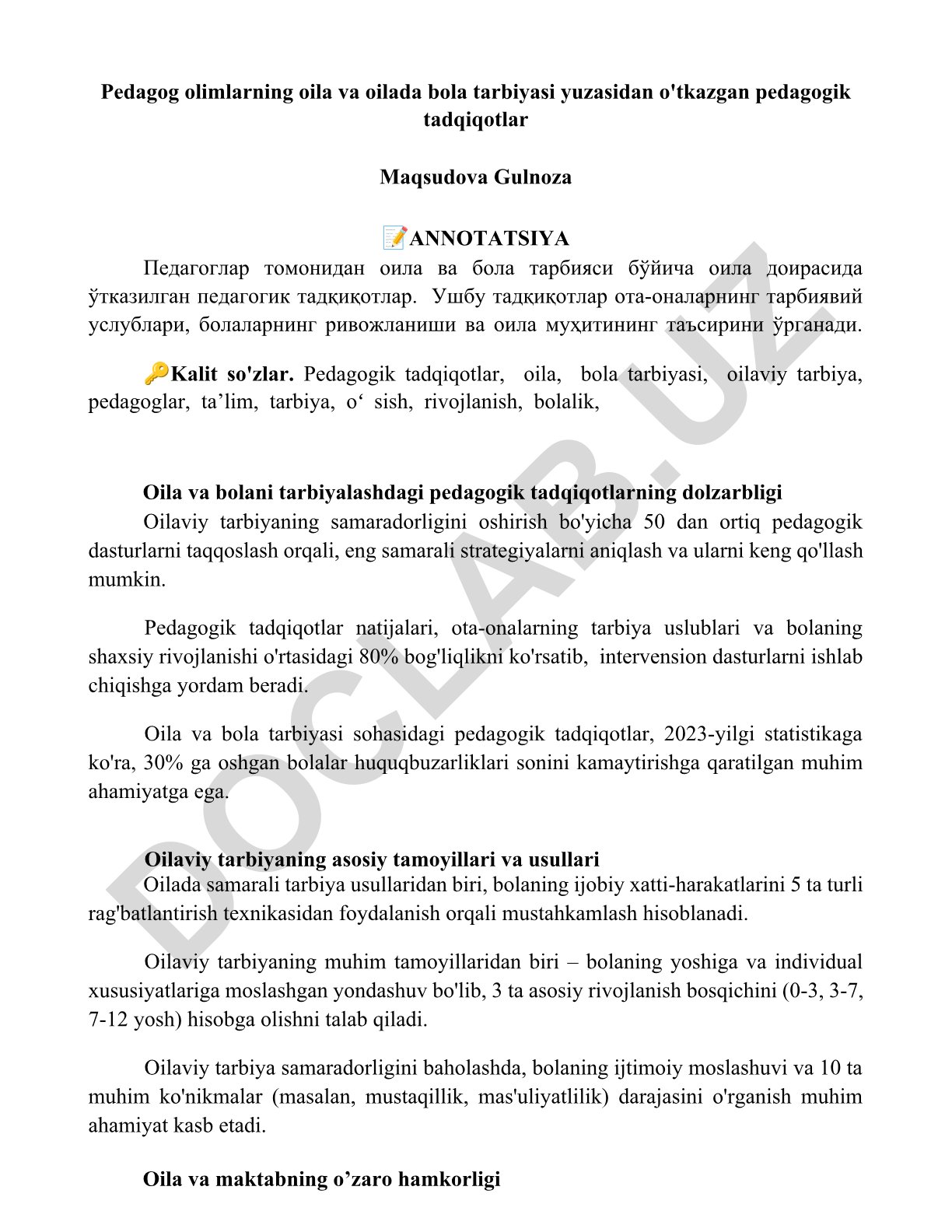 Pedagog olimlarning oila va oilada bola tarbiyasi yuzasidan o'tkazgan pedagogik tadqiqotlar
