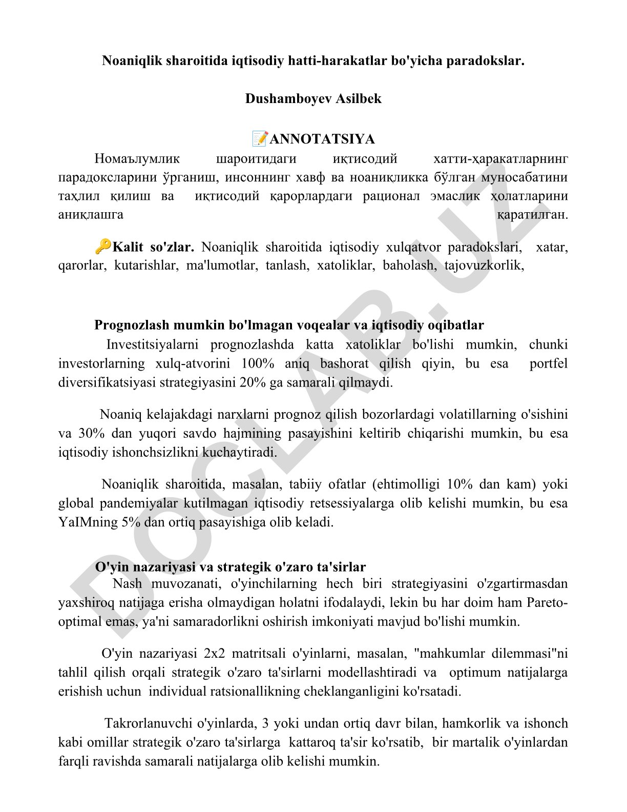 Noaniqlik sharoitida iqtisodiy hatti-harakatlar bo'yicha paradokslar