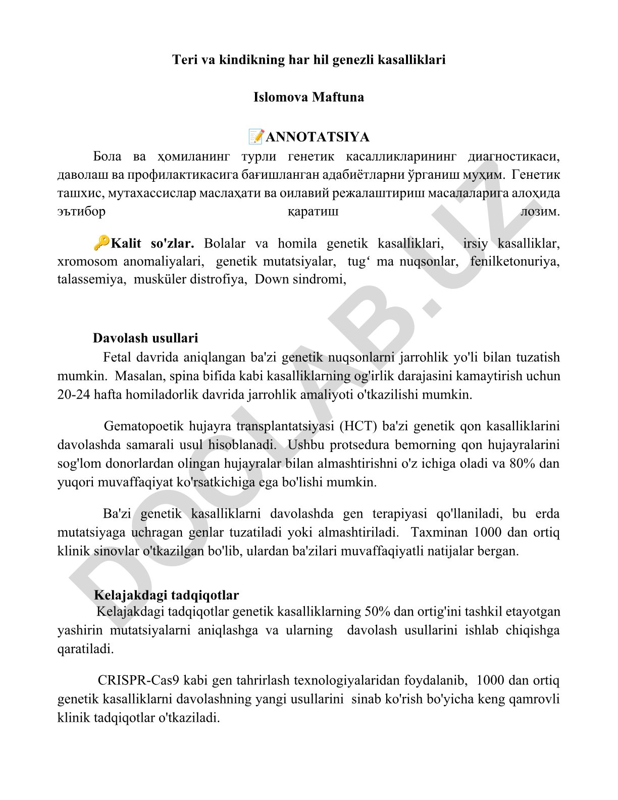 Bolalar va homilalarning turli genetik kasalliklari