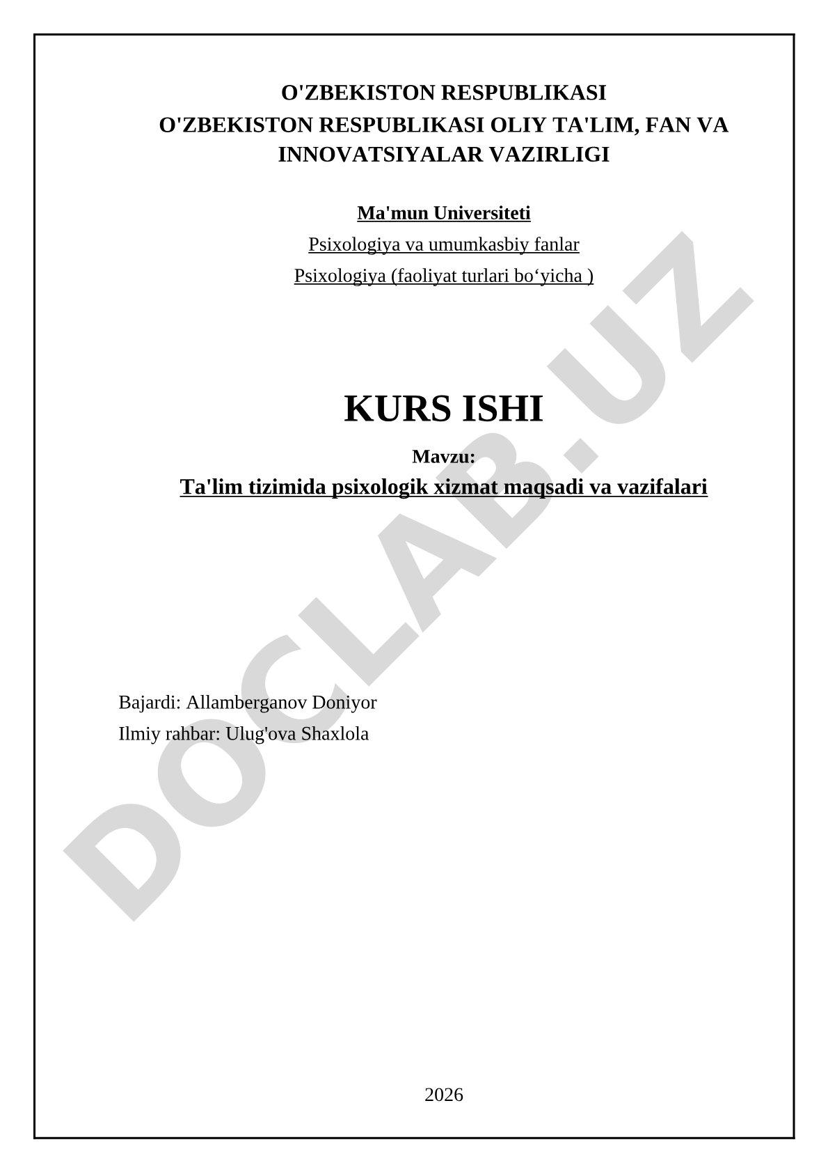 Ta'lim tizimida psixologik xizmat maqsadi va vazifalari