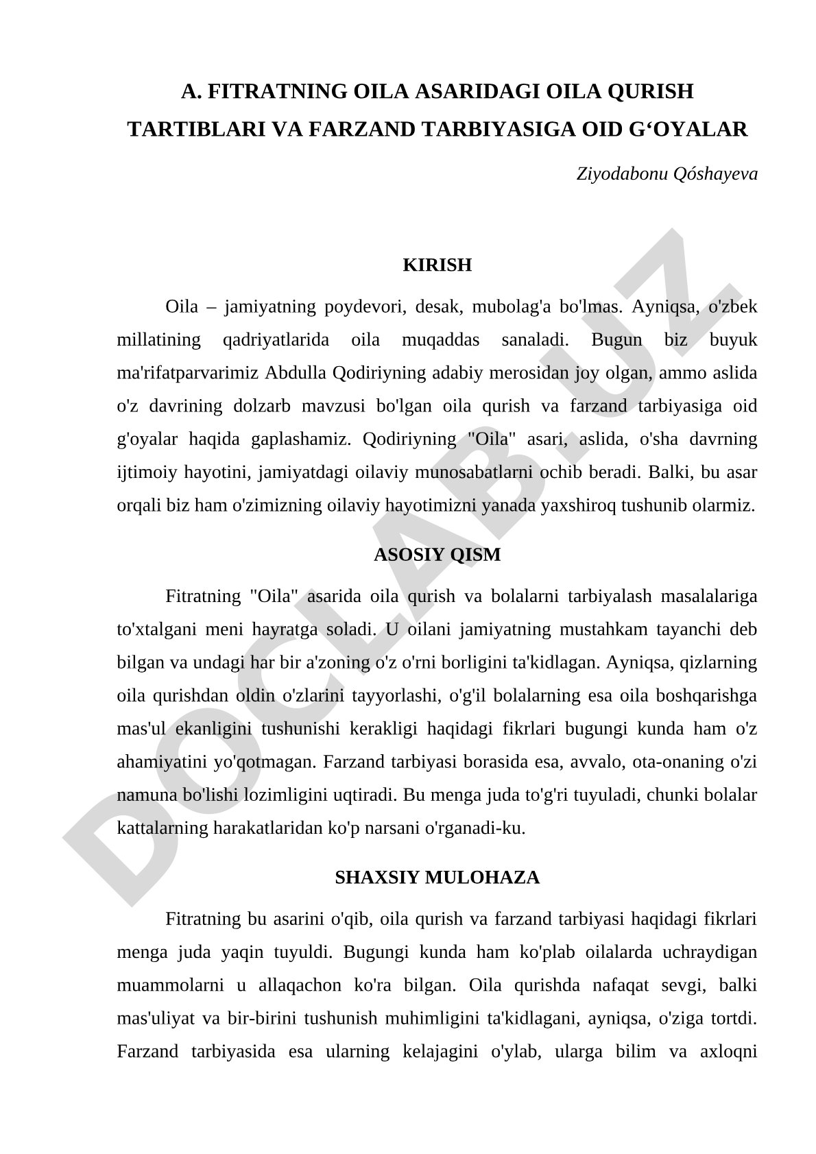Fitratning 'Oila' asaridagi oila qurish tartiblari va farzand tarbiyasiga oid g'oyalar
