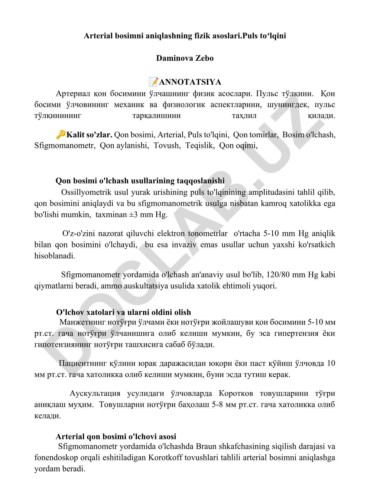 Arterial bosimni aniqlashning fizik asoslari va puls toʻlqini