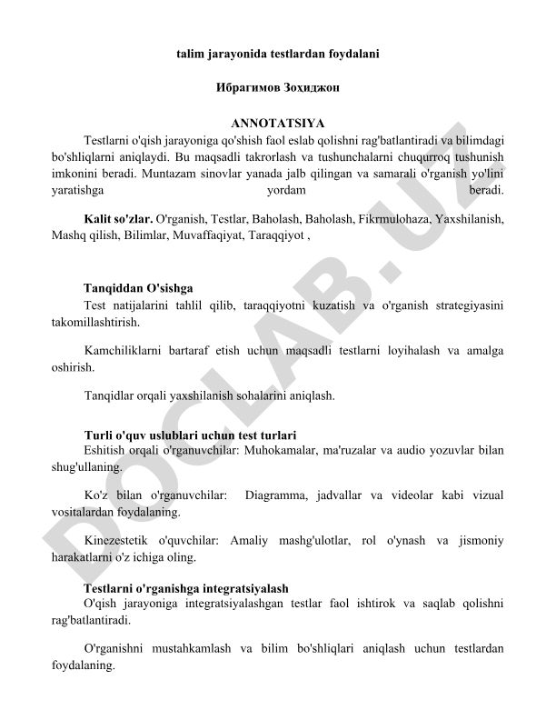 Talim jarayonida testlardan foydalanish va o'quv uslublari