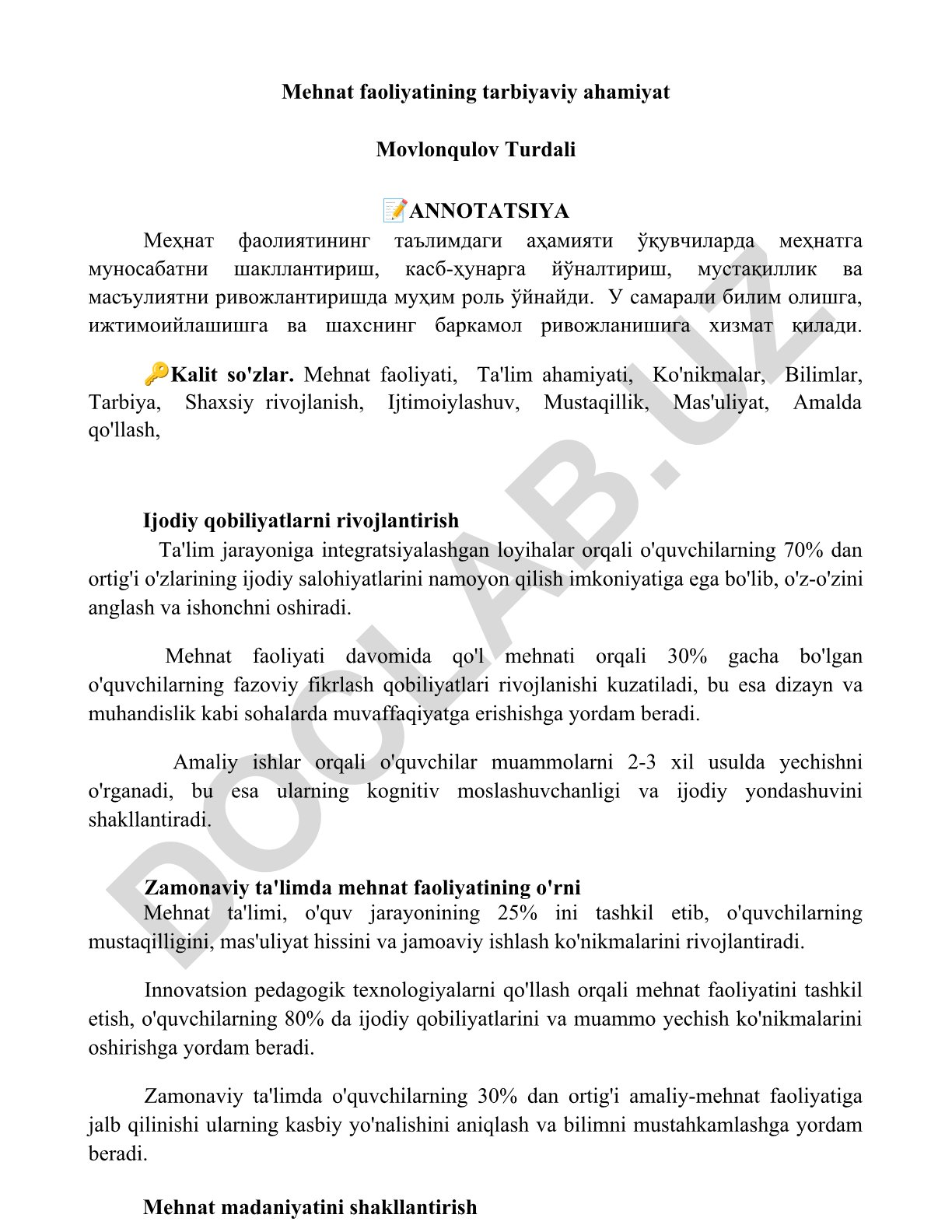 Mehnat faoliyatining ta'limdagi ahamiyati