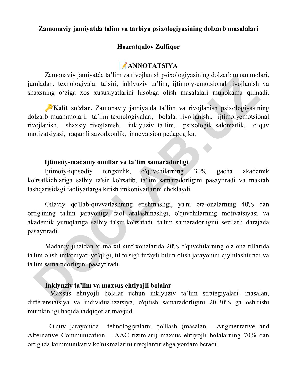 Zamonaviy jamiyatda ta’lim va rivojlanish psixologiyasining dolzarb muammolari