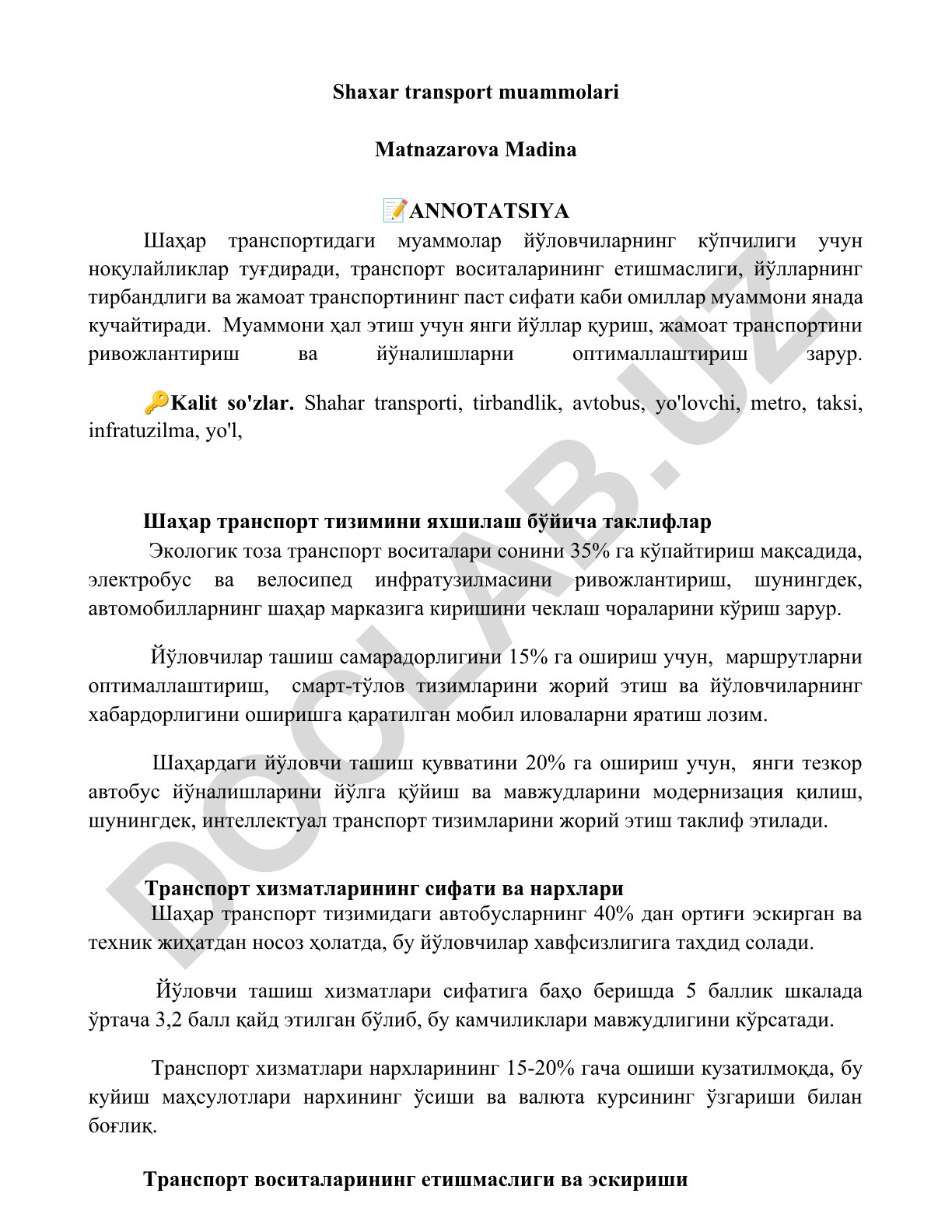 Shahar transport muammolari va yechimlar