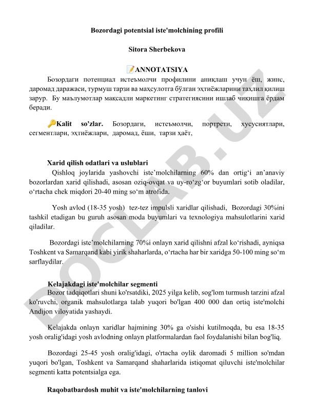Bozordagi potentsial iste'molchining profili