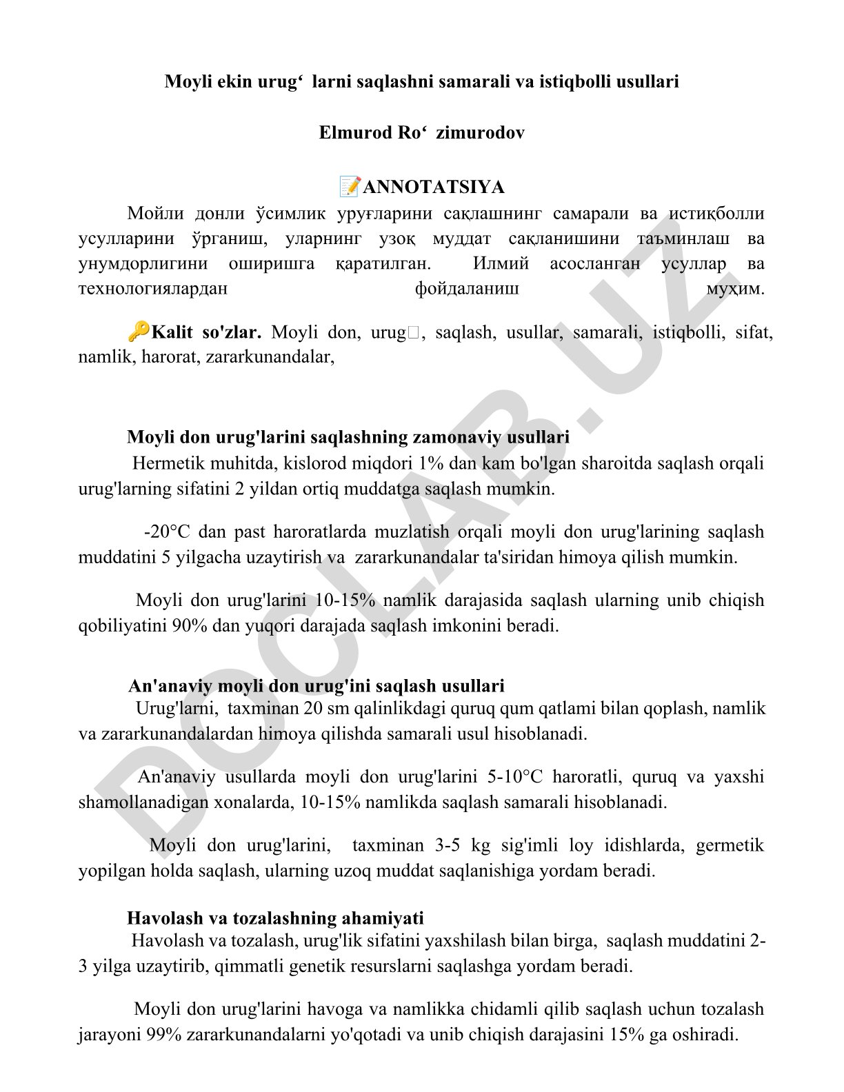 Moyli ekin urugʻlarni saqlashning samarali va istiqbolli usullari