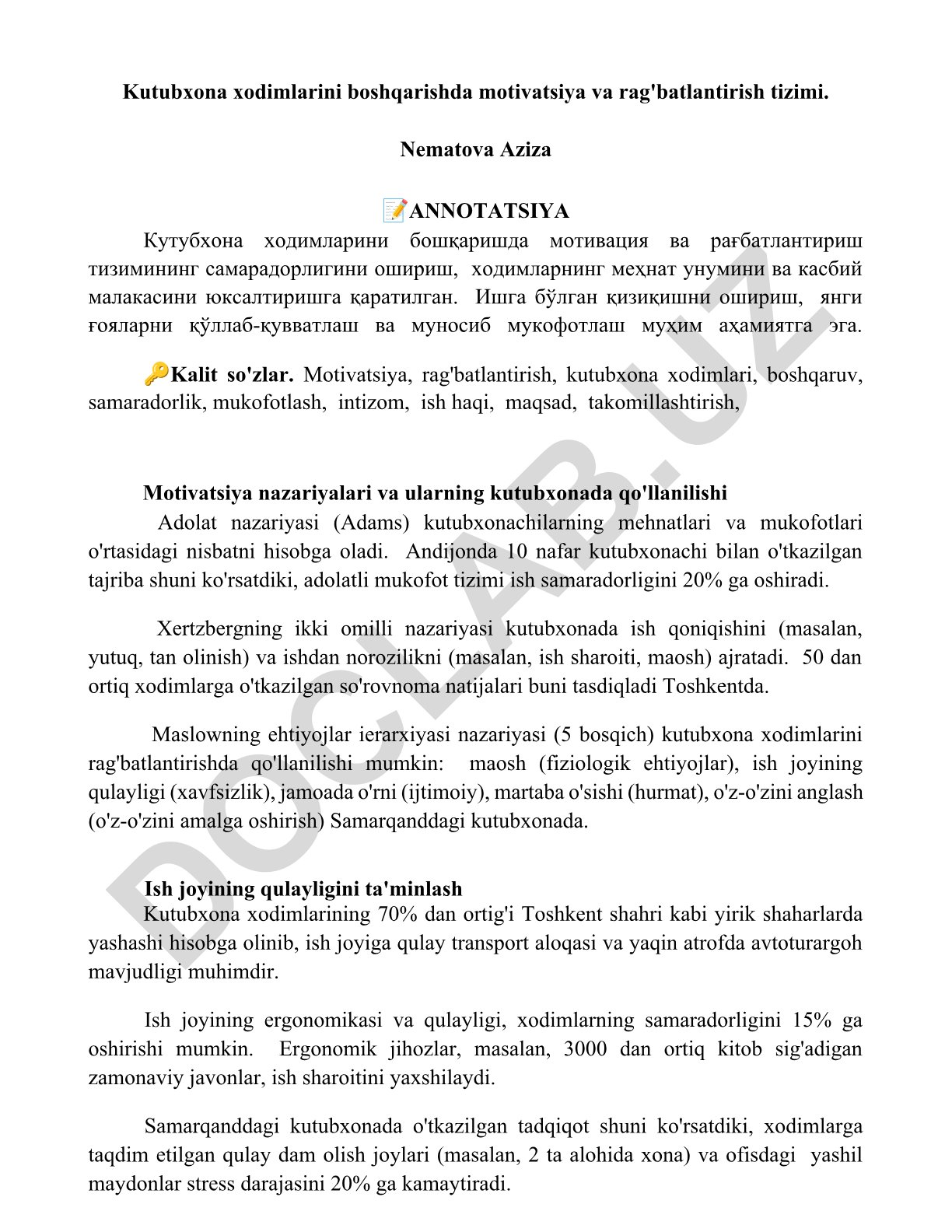 Kutubxona xodimlarini boshqarishda motivatsiya va rag'batlantirish tizimi