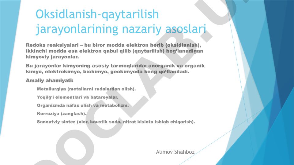 Oksidlanish-qaytarilish jarayonlarining nazariy asoslari