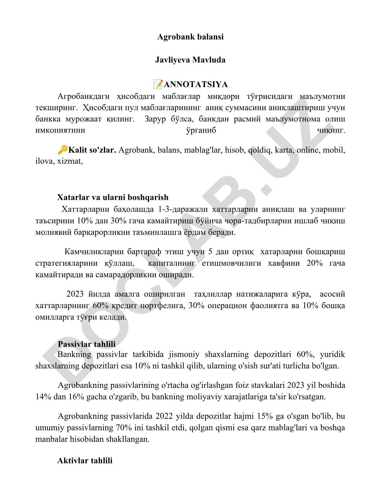 Agrobank balansi va mablag'lar tahlili
