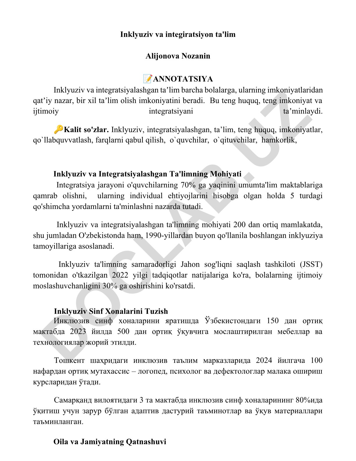 Inklyuziv va integratsiyalashgan ta'limning mohiyati va samaradorligi