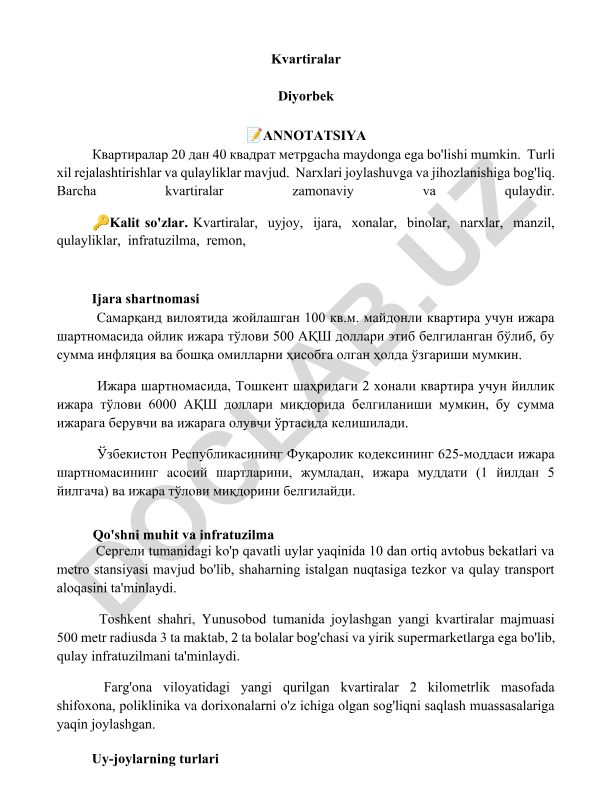Kvartiralar ijarasi va infratuzilmasi