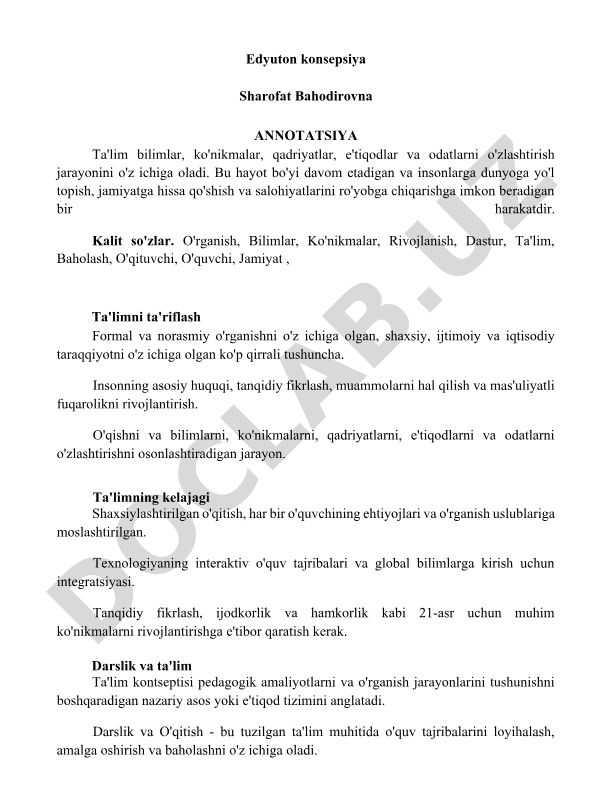 Ta'limning kelajagi va zamonaviy ta'lim konsepsiyalari