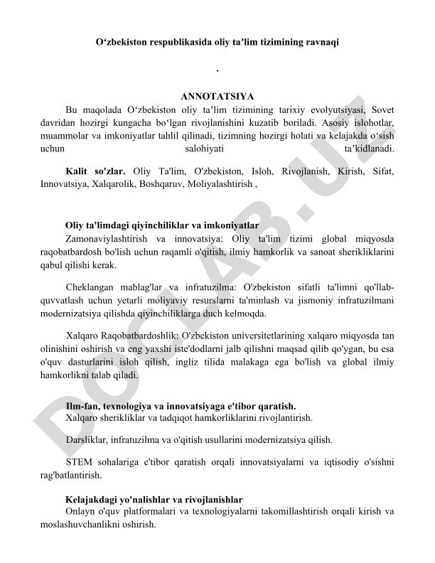 Oʻzbekiston oliy taʼlim tizimining tarixiy evolyutsiyasi va rivojlanishi