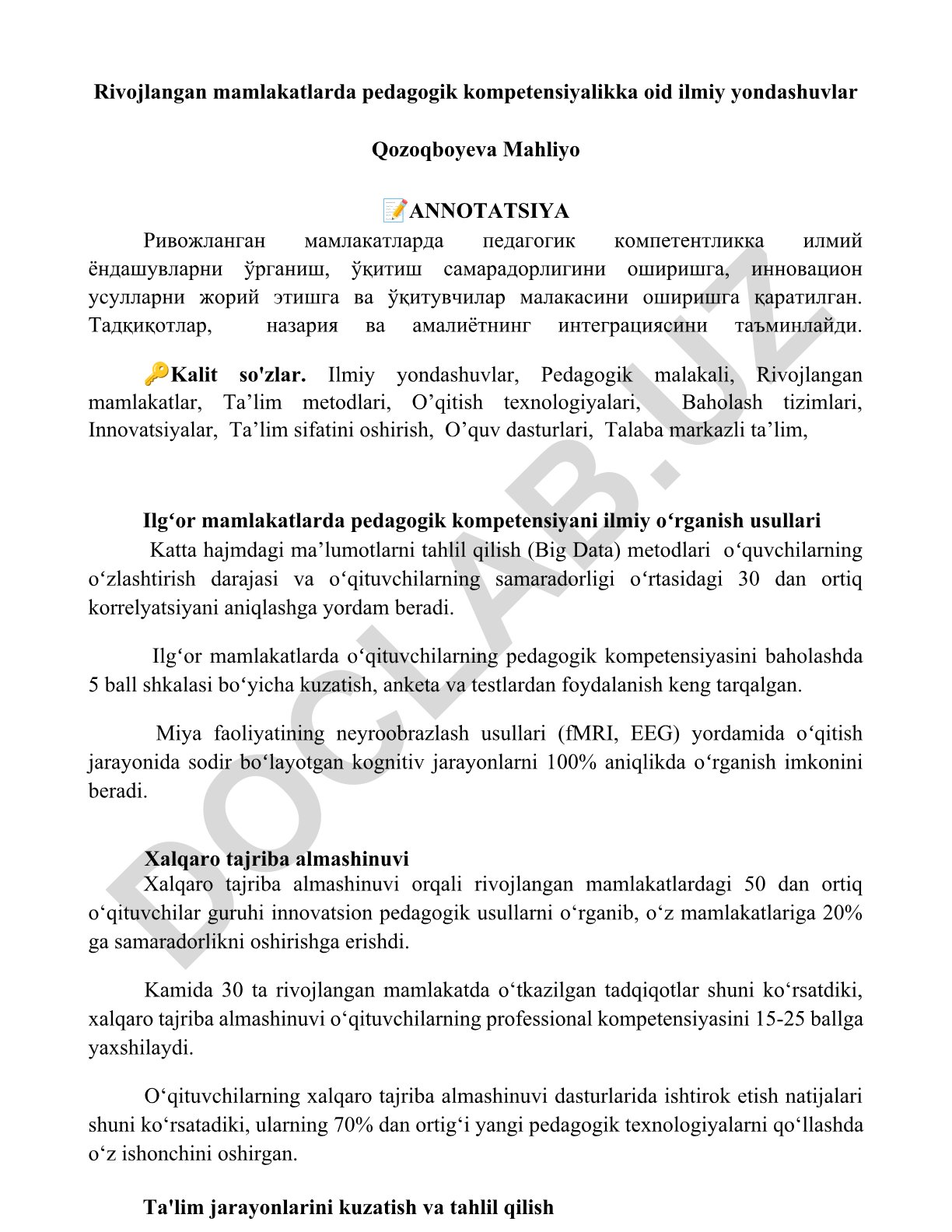 Rivojlangan mamlakatlarda pedagogik kompetensiyalikka oid ilmiy yondashuvlar
