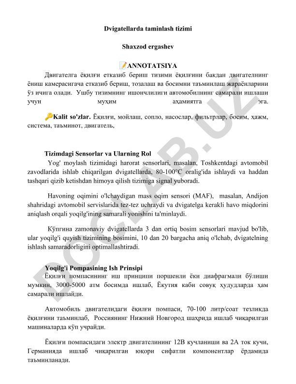 Dvigatellarda yoqilg'i taminlash tizimi