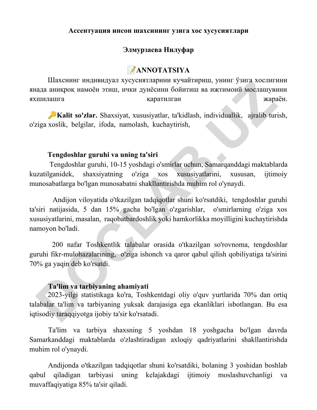 Tengdoshlar guruhi ta'sirida o'smirlar shaxsiyatining o'ziga xos xususiyatlarini kuchaytirish