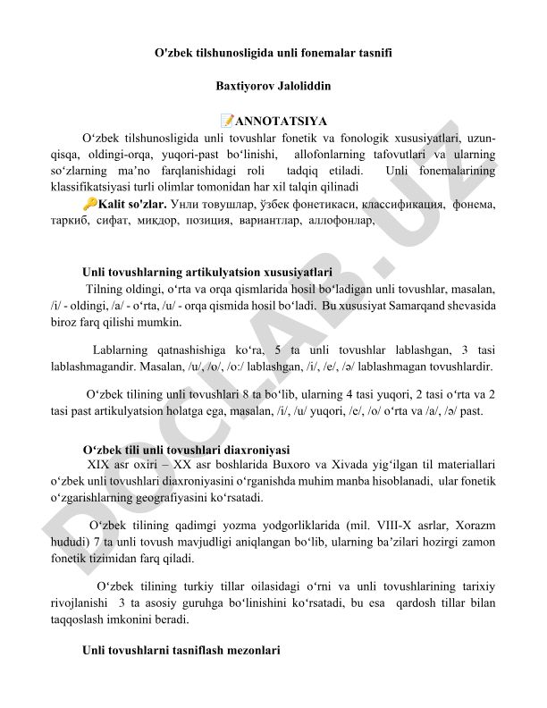 O'zbek tilshunosligida unli fonemalar tasnifi