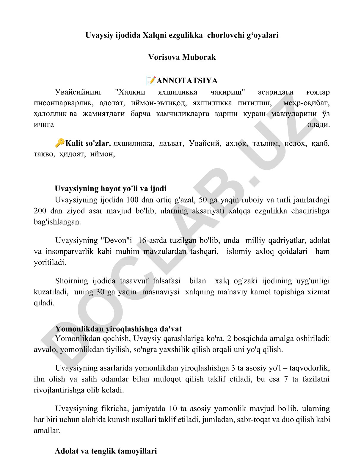 Uvaysiy ijodida xalqni ezgulikka chorlovchi gʻoyalar
