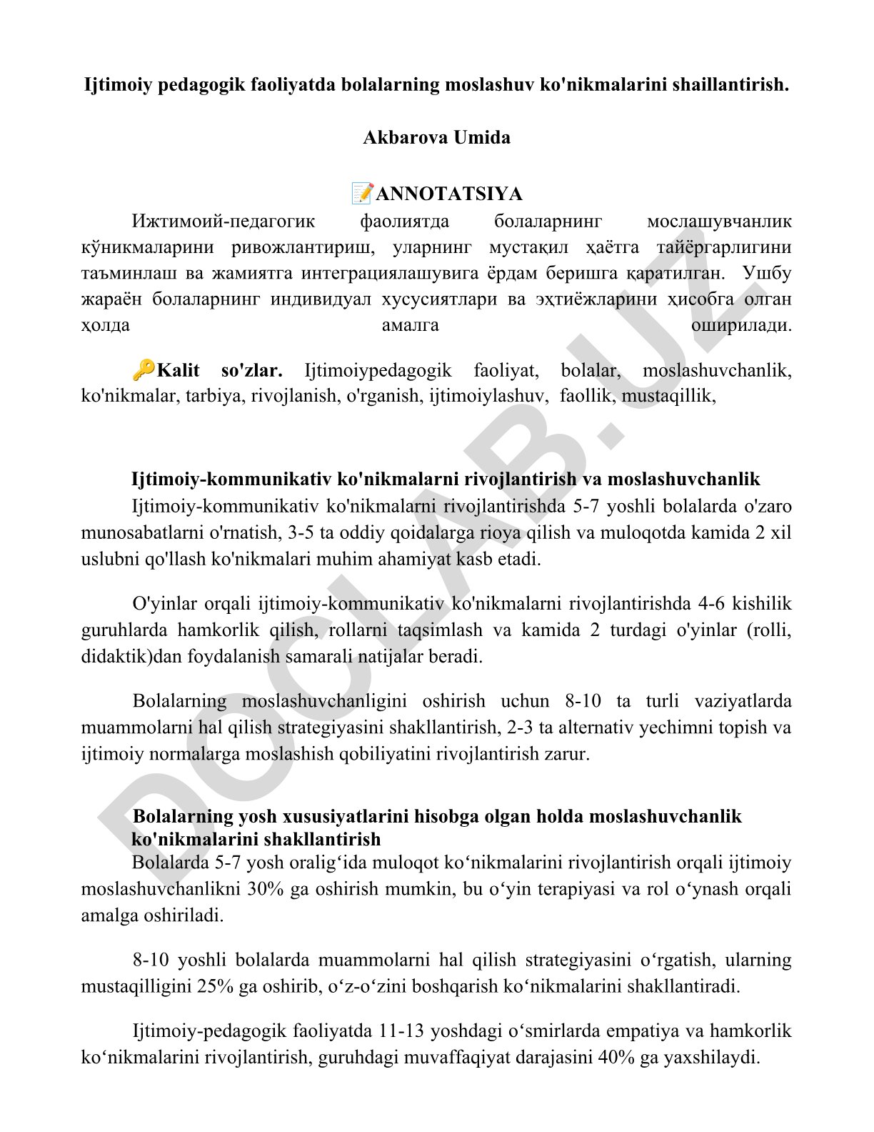 Ijtimoiy pedagogik faoliyatda bolalarning moslashuv ko'nikmalarini shaillantirish