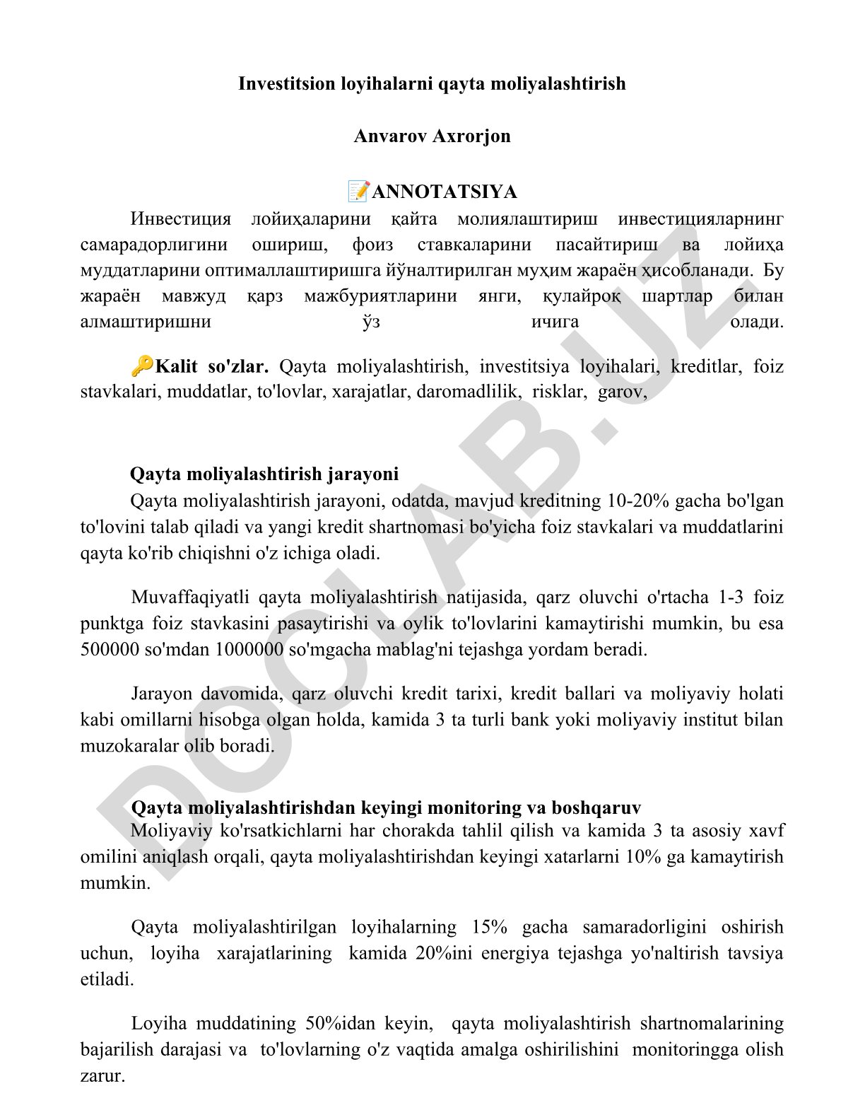 Investitsion loyihalarni qayta moliyalashtirish