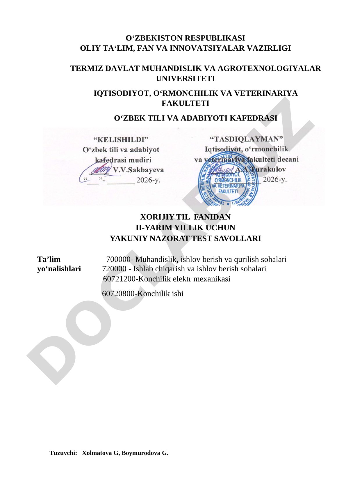 Xorijiy til fanidan yakuniy nazorat test savollari