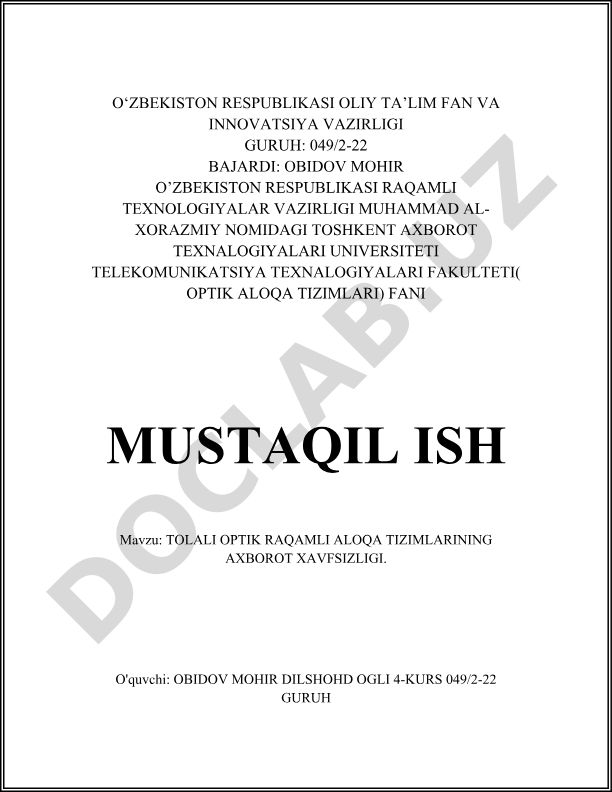 Tolali optik raqamli aloqa tizimlarining axborot xavfsizligi