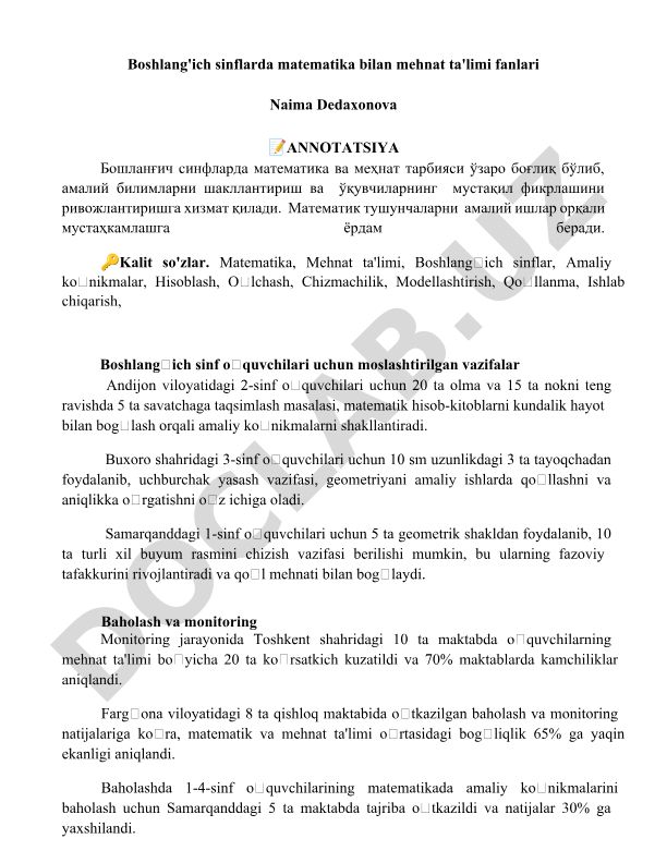 Boshlang'ich sinflarda matematika bilan mehnat ta'limi fanlari