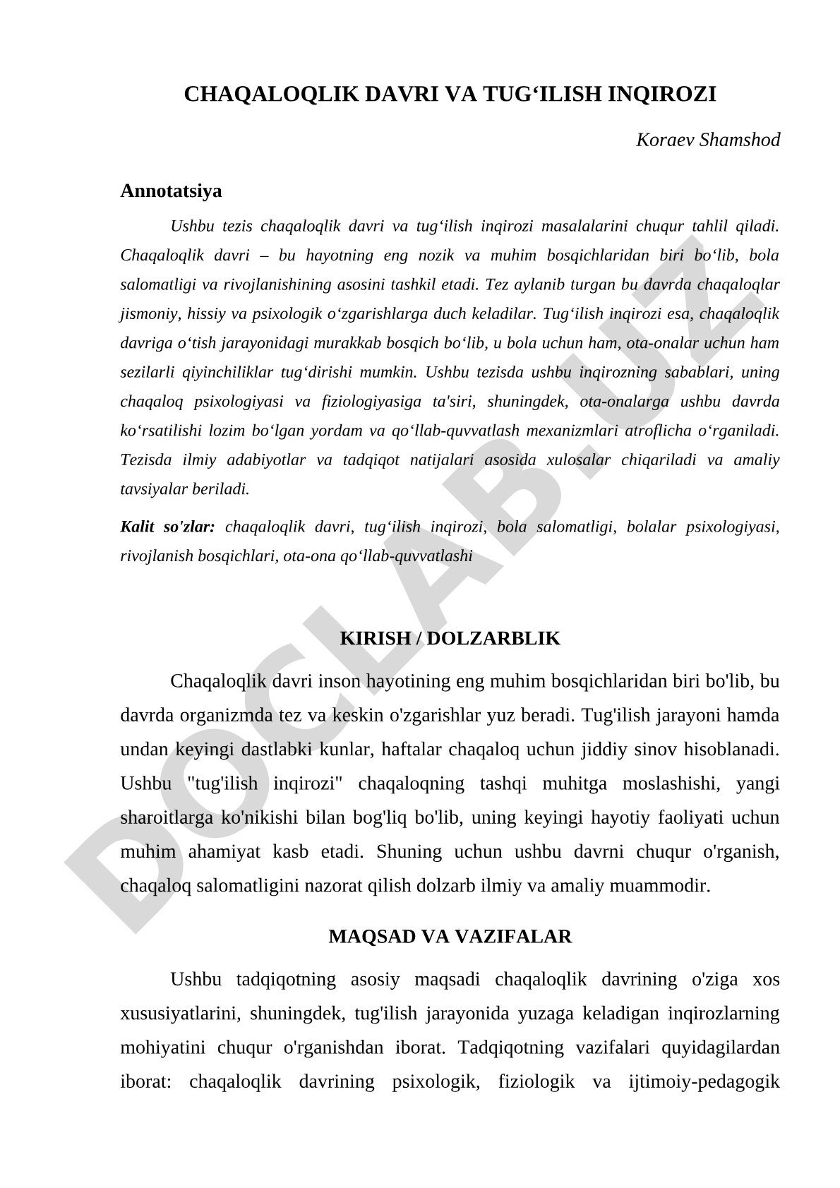 Chaqaloqlik davri va tug'ilish inqirozi