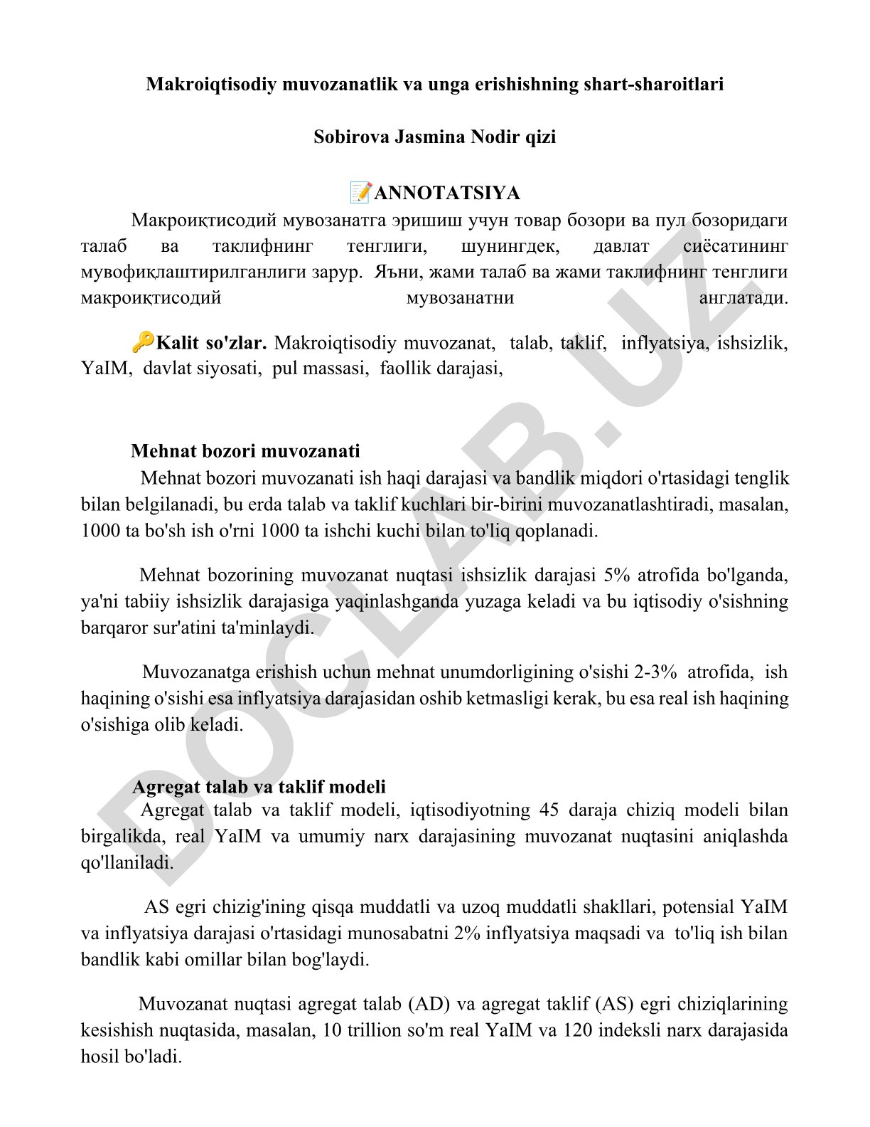 Makroiqtisodiy muvozanatlik va unga erishishning shart-sharoitlari