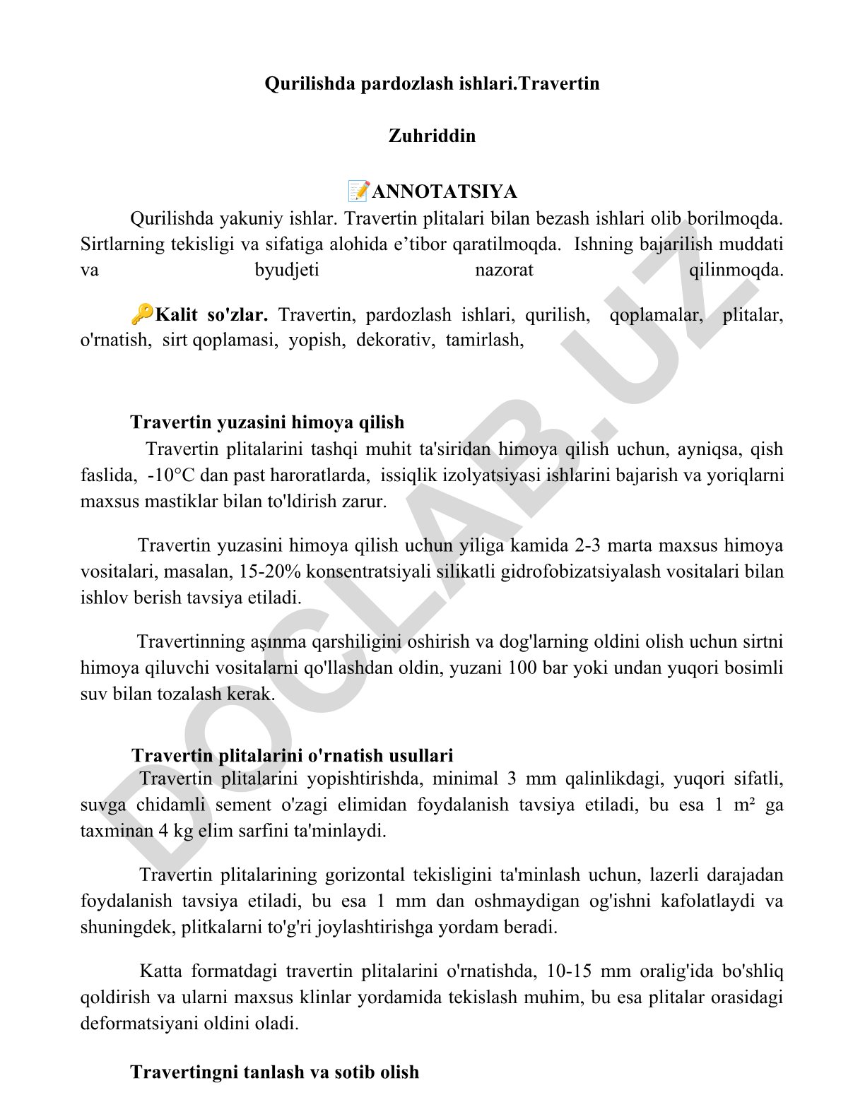 Qurilishda travertin plitalari bilan pardozlash ishlari