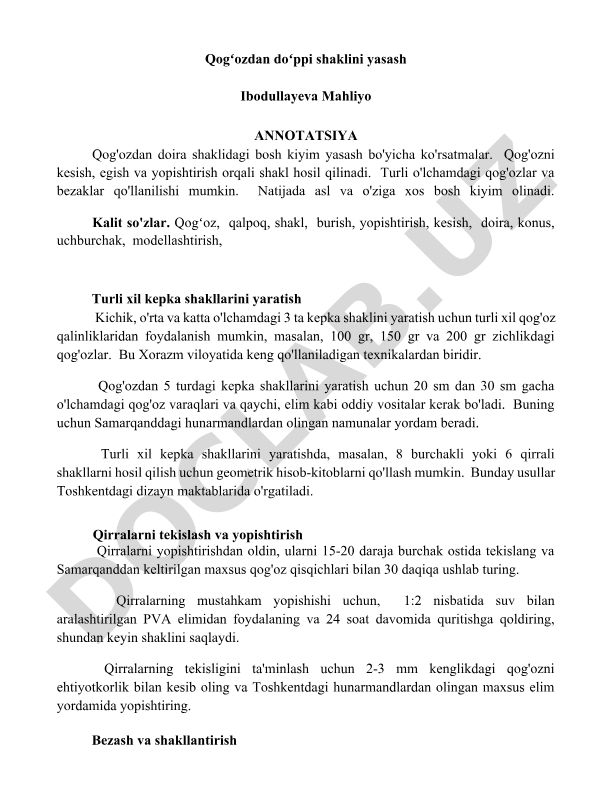 Qogʻozdan doʻppi shaklini yasash