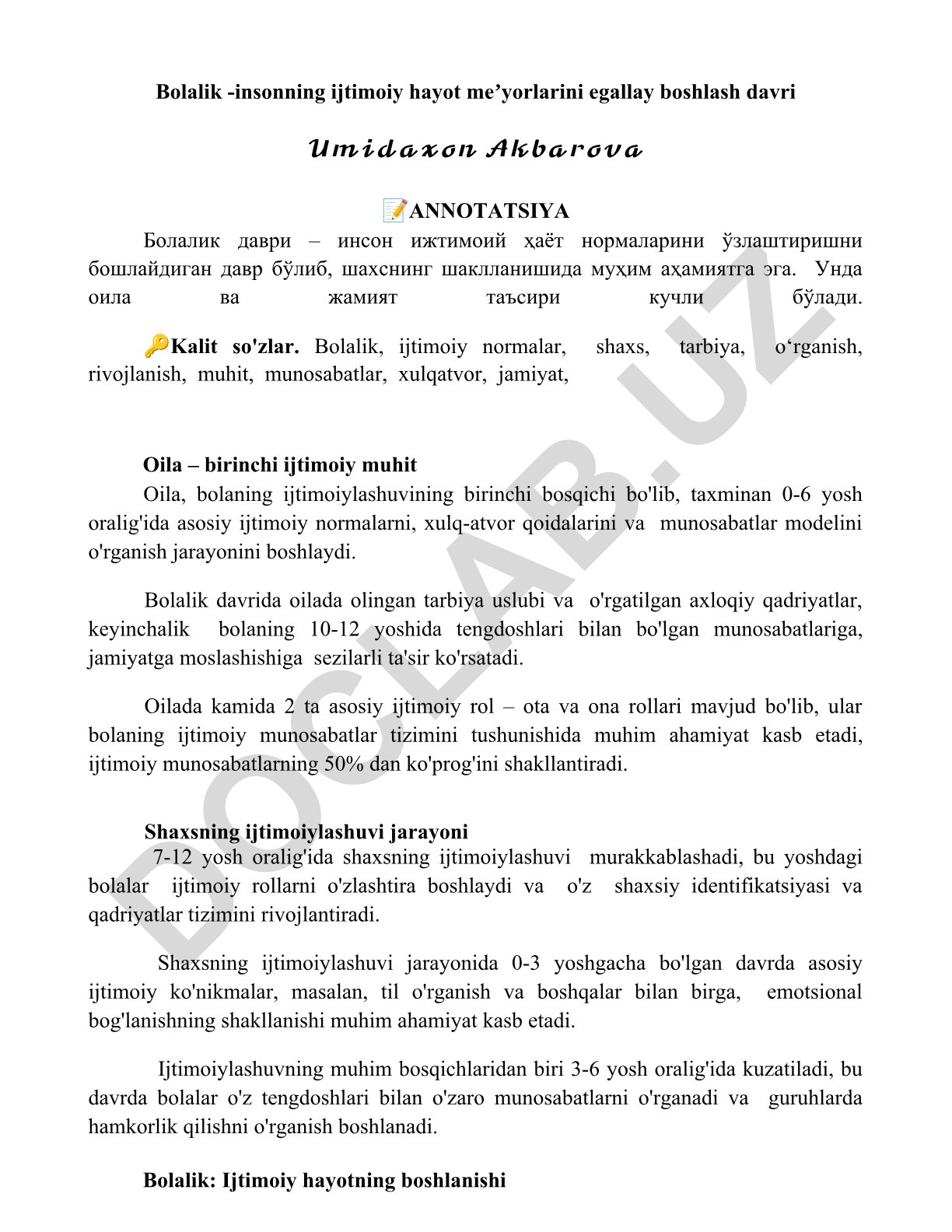 Bolalik davrida ijtimoiylashuv va shaxs shakllanishi