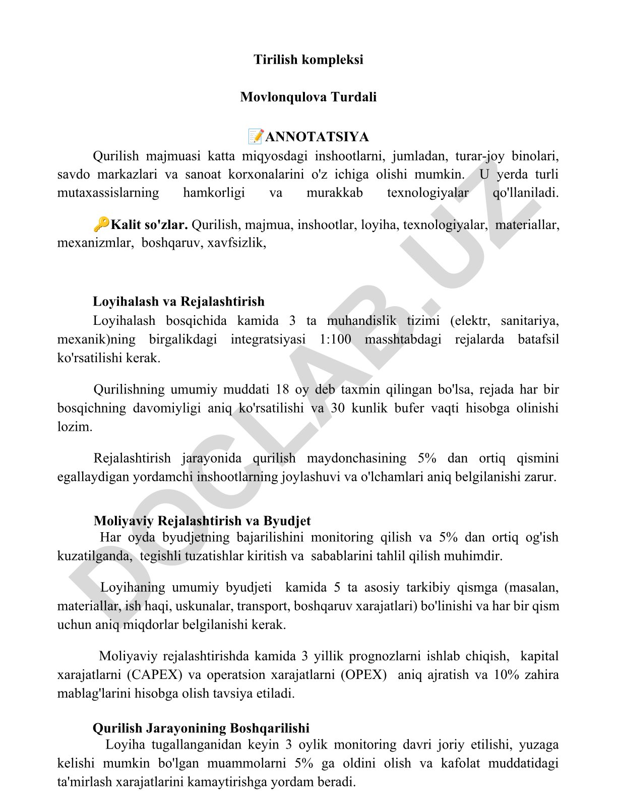 Qurilish majmuasi loyihalash va rejalashtirish
