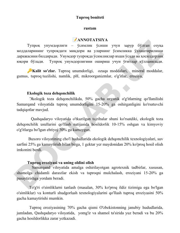 Tuproq unumdorligi va ekologik toza dehqonchilik