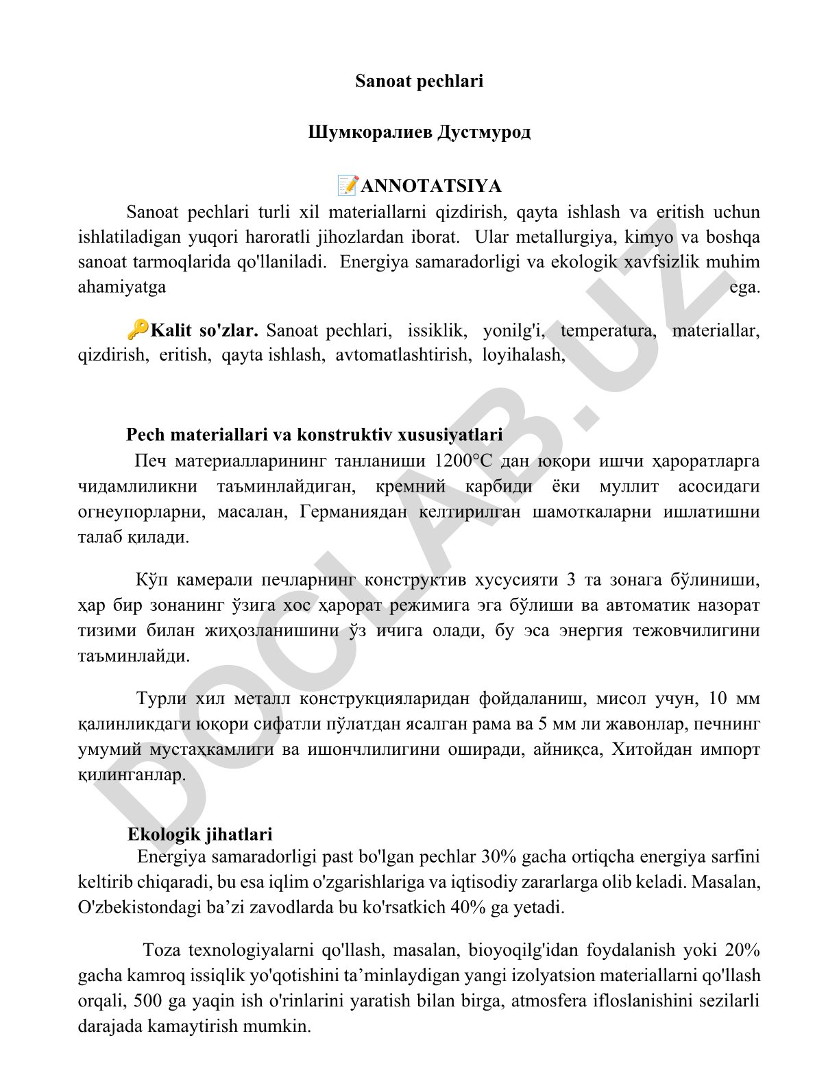 Sanoat pechlari materiallari va konstruktiv xususiyatlari
