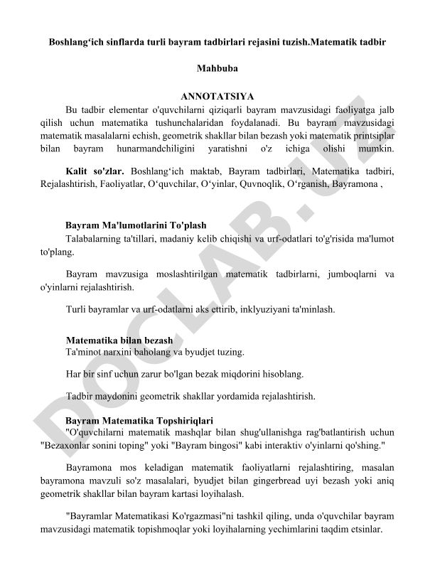 Boshlangʻich sinflarda turli bayram tadbirlari rejasini tuzish