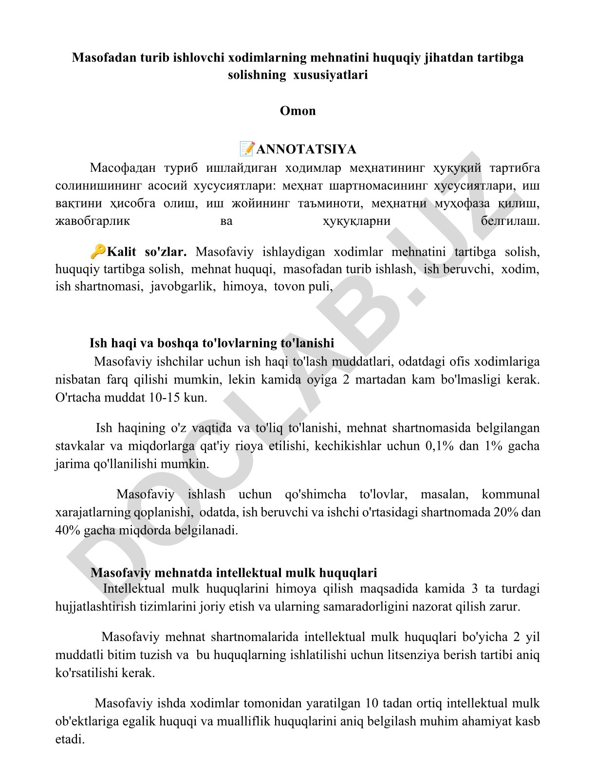 Masofadan turib ishlovchi xodimlarning mehnatini huquqiy jihatdan tartibga solishning xususiyatlari