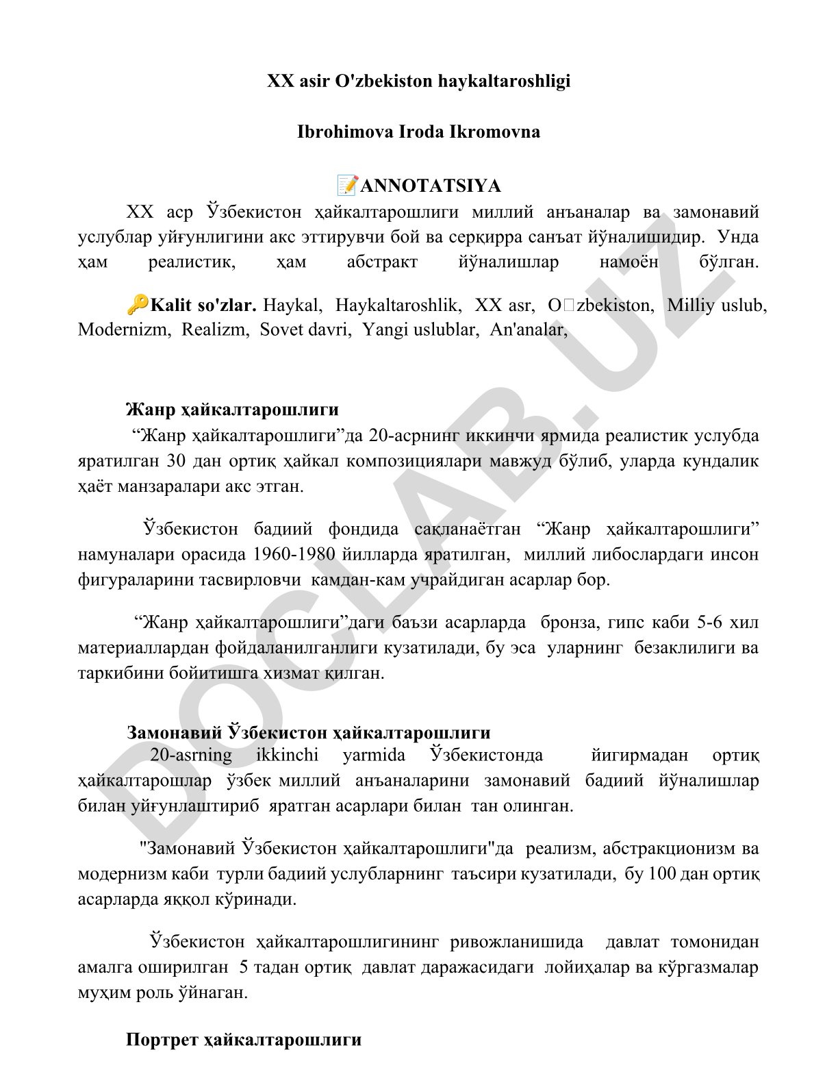 XX asr O'zbekiston haykaltaroshligi