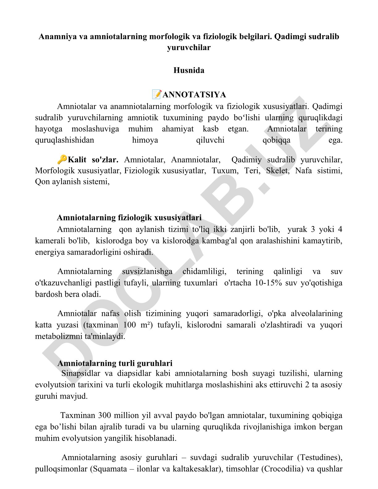 Amniotalar va anamniotalarning morfologik va fiziologik xususiyatlari