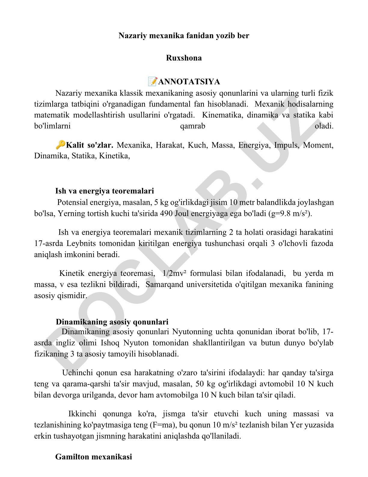 Nazariy mexanika fanining asosiy qonunlari va tatbiqlari