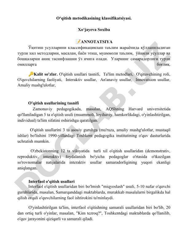 Oʻqitish metodikasining klassifikatsiyasi